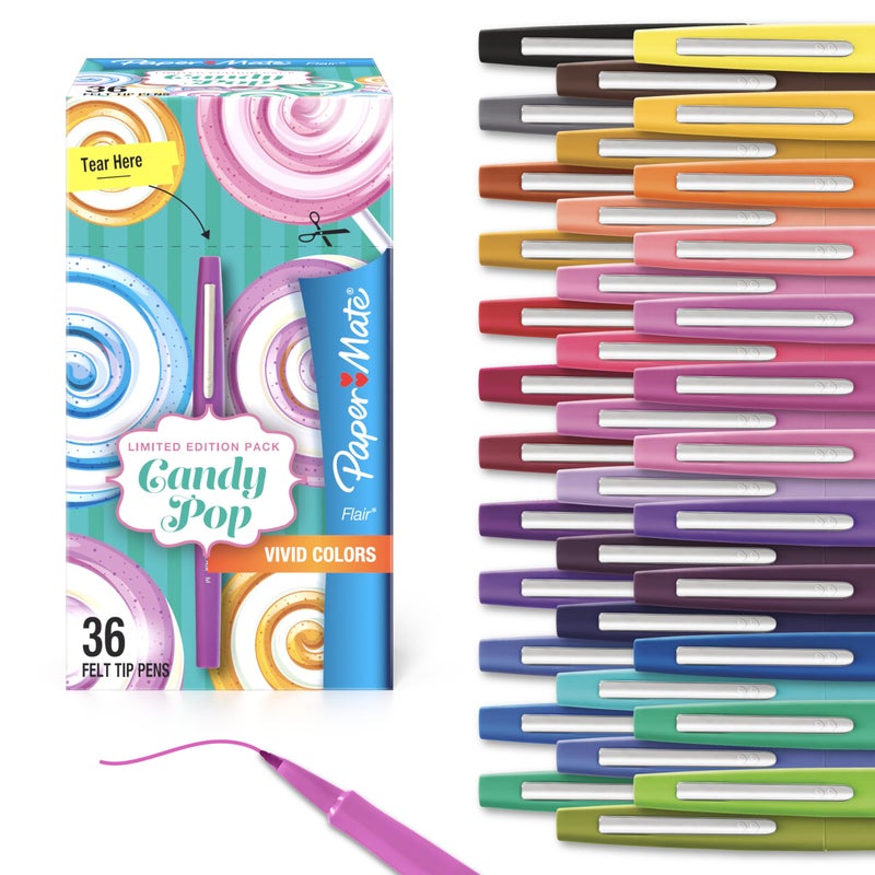 Paper Mate Flair Felt Tip Pens, Medium Point (0.7mm), Limited Edition Candy Pop Pack, 36 Count - Perfect for Teachers, Students, Expressive Writing, Drawing - Image 1